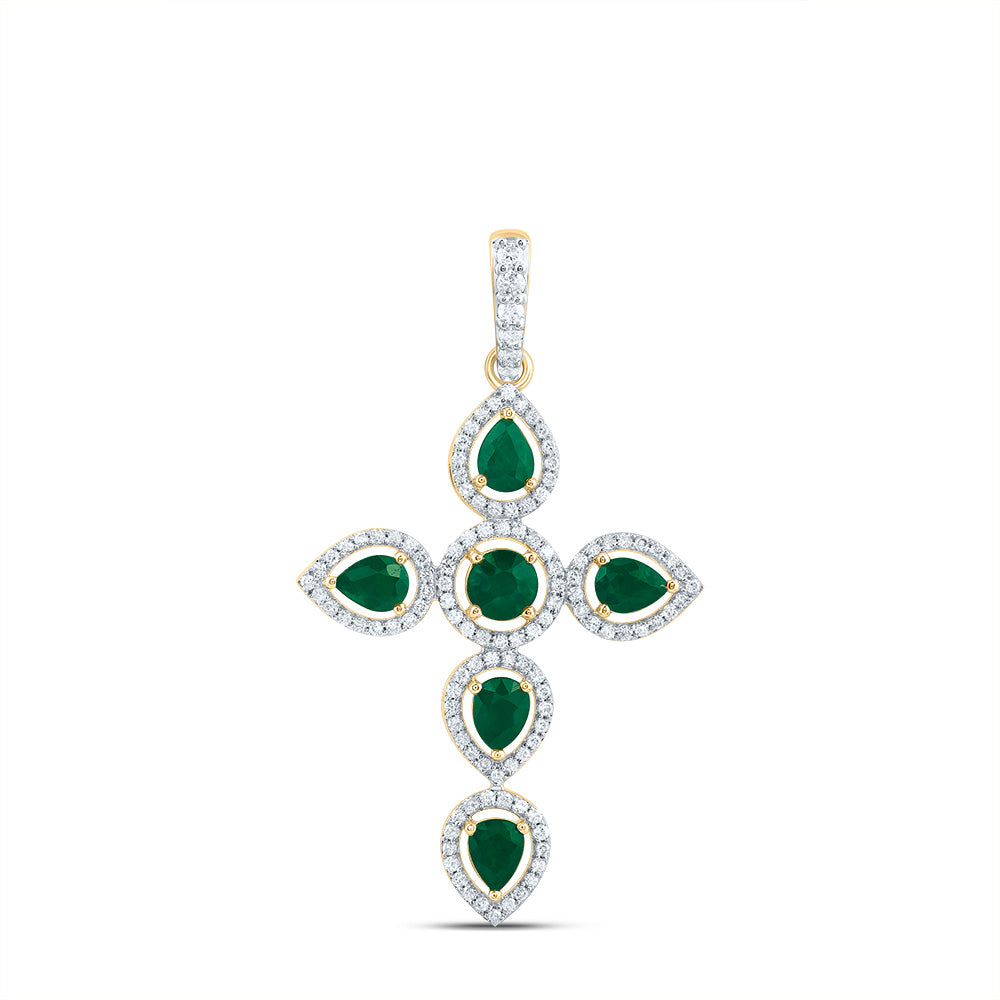 14kt Yellow Gold 1/3 Cttw Diamond and 1 Cttw Pear em, 4mm Round-em, Natural Gem Cross Pendant