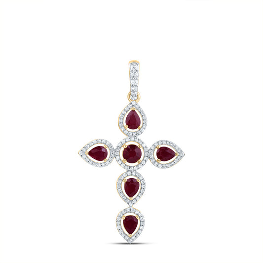 14kt Yellow Gold 1/3 Cttw Diamond and 1 Cttw Pear ru, 4mm Round-ru, Natural Gem Cross Pendant