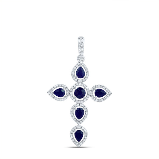 14kt White Gold 1/3 Cttw Diamond and 1 Cttw Pear Blue Sapphire, 4mm Round Blue Sapphire, Natural Gem Cross Pendant