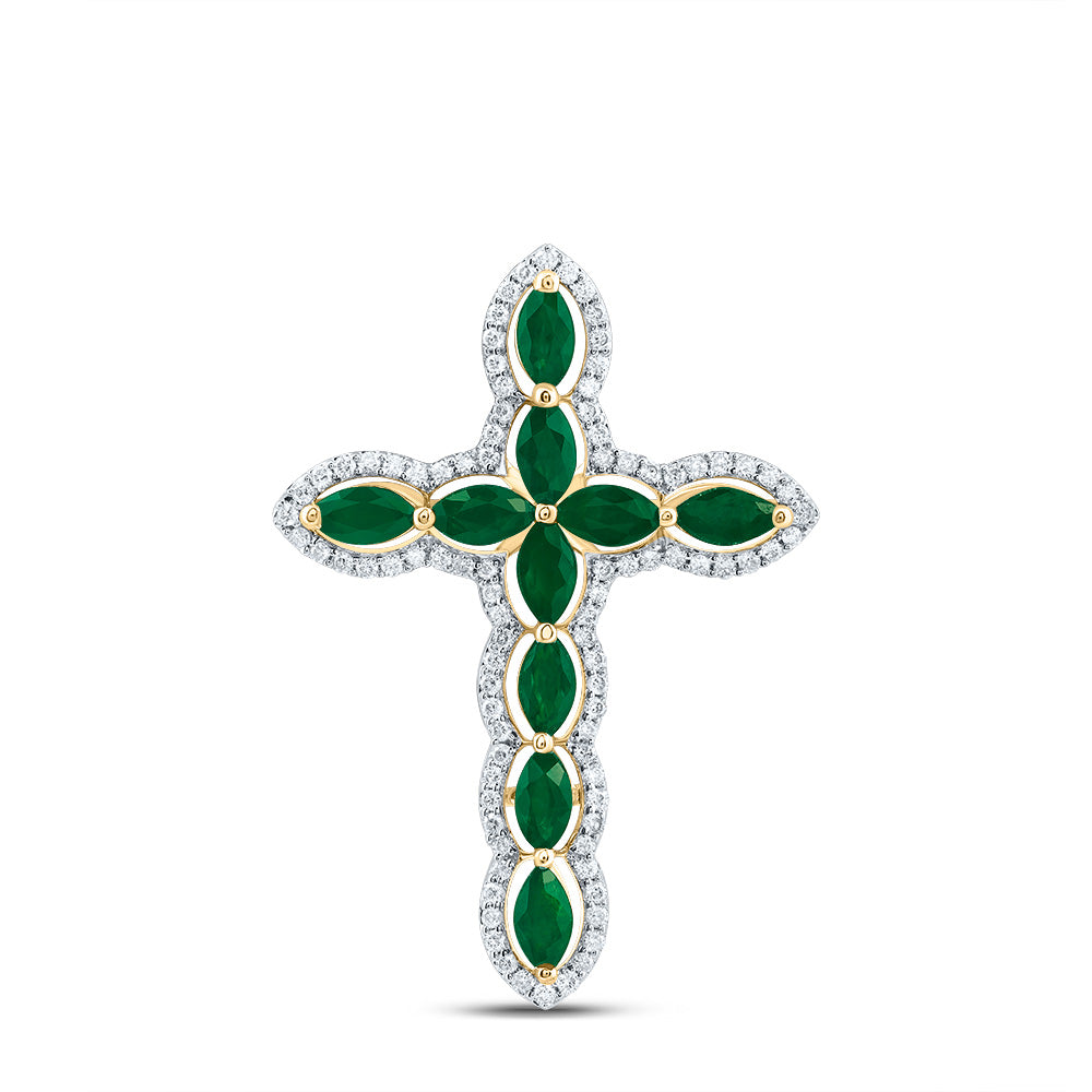 14kt Yellow Gold 1/4 Cttw Diamond and 1 Cttw-Marquise-em, Natural Gem Cross Pendant