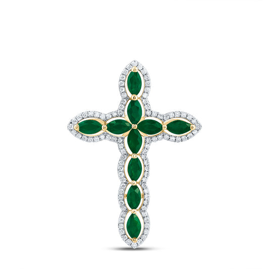 14kt Yellow Gold 1/4 Cttw Diamond and 1 Cttw-Marquise-em, Natural Gem Cross Pendant