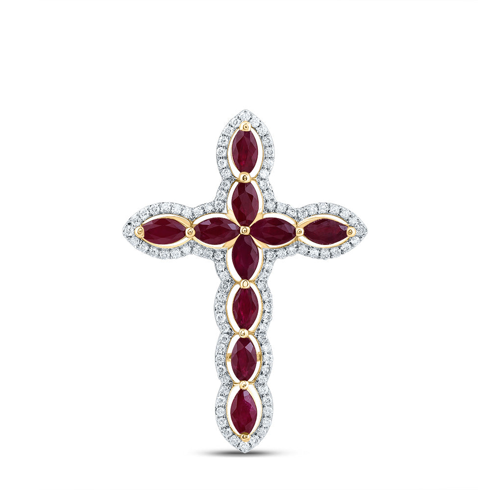 14kt Yellow Gold 1/4 Cttw Diamond and 1 Cttw-Marquise-ru, Natural Gem Cross Pendant