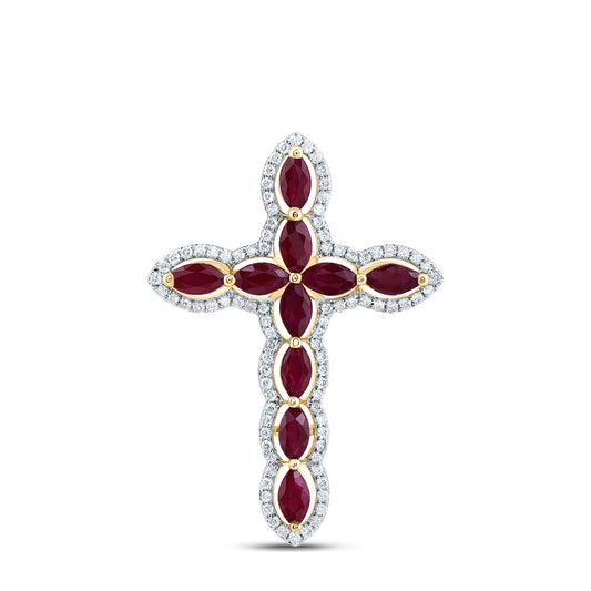 14kt Yellow Gold 1/4 Cttw Diamond and 1 Cttw-Marquise-ru, Natural Gem Cross Pendant