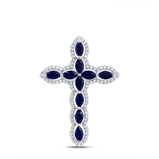 14kt White Gold 1/4 Cttw Diamond and 1 Cttw Marquise Blue Sapphire , Natural Gem Cross Pendant