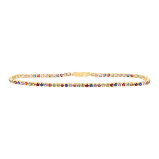 14kt Yellow Gold 3 Cttw Round Natural Gem Multicolor Sapphire Tennis Bracelet, Length: 7 Inch