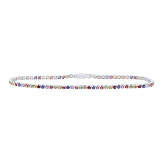 14kt White Gold 3 Cttw Round Natural Gem Multicolor Sapphire Tennis Bracelet, Length: 7 Inch