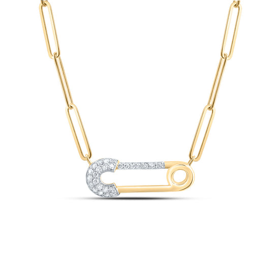 10kt Yellow Gold 1/8 Cttw Diamond Fashion Safety Pin Necklace, Length: 18 Inch
