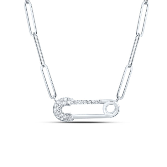 10kt White Gold 1/8 Cttw Diamond Fashion Safety Pin Necklace, Length: 18 Inch