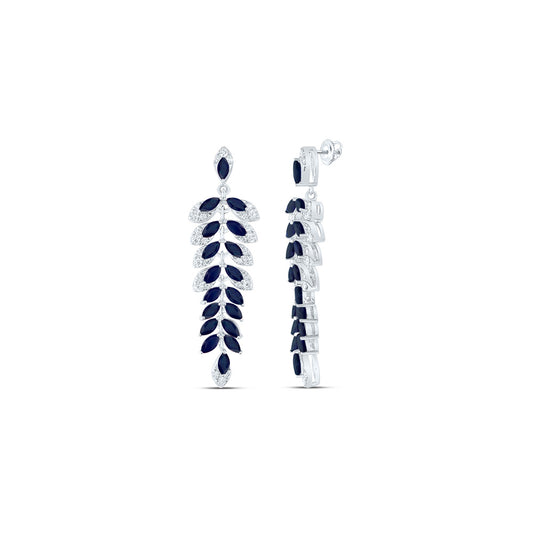 14kt White Gold 5/8 Cttw Natural Diamond Ana M 3 3/8 Cttw-Marquise Blue Sapphire Natural Gem Dangling Earring