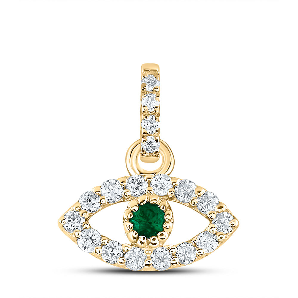 14kt Yellow Gold 1/12 Cttw Natural Diamond Ana M and 1.7mm Round Emerald Natural Gem Eye Pendant
