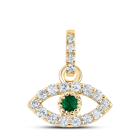 14kt Yellow Gold 1/12 Cttw Natural Diamond Ana M and 1.7mm Round Emerald Natural Gem Eye Pendant