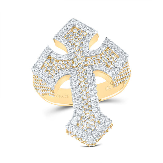 14kt Yellow Gold 3 3/4 Cttw Natural Diamond Am Cross Mens Ring, Men Size: 8-12