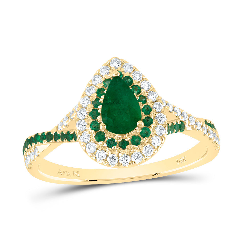 14kt Yellow Gold 1/5 Cttw Diamond Ana M and 1/5 Cttw Round Emerald 6x4mm Pear Emerald Natural Gem Double Halo Wedding Engagement Anniversary Bridal Ring, Women Size: 5-9