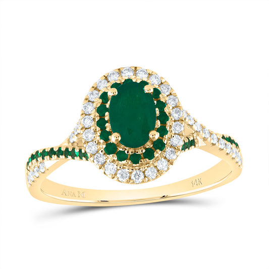 14kt Yellow Gold 1/5 Cttw Diamond Ana M and 1/5 Cttw Round Emerald 6x4mm Oval Emerald Natural Gem Double Halo Wedding Engagement Anniversary Bridal Ring, Women Size: 5-9