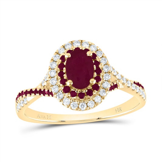 14kt Yellow Gold 1/5 Cttw Diamond Ana M and 1/5 Cttw Round Ruby 6x4mm Oval Ruby Natural Gem Double Halo Wedding Engagement Anniversary Bridal Ring, Women Size: 5-9