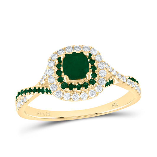 14kt Yellow Gold 1/5 Cttw Diamond Ana M and 1/8 Cttw Round Emerald 4mm Cushion Emerald Natural Gem Double Halo Wedding Engagement Anniversary Bridal Ring, Women Size: 5-9