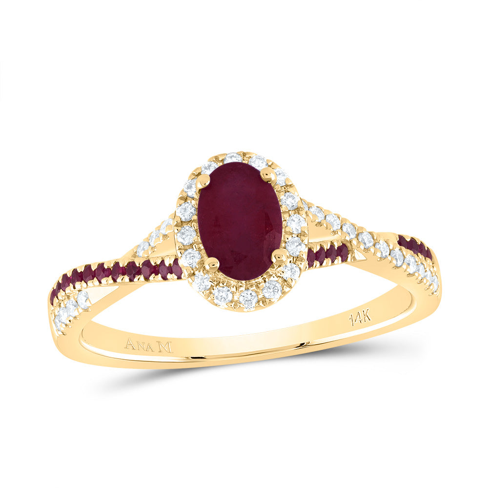 14kt Yellow Gold 1/8 Cttw Diamond Ana M and 1/8 Cttw Round Ruby 6x4mm Oval Ruby Natural Gem Single Halo Wedding Engagement Anniversary Bridal Ring, Women Size: 5-9