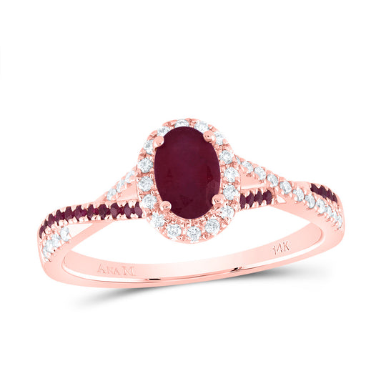 14kt Rose Gold 1/8 Cttw Diamond Ana M and 1/8 Cttw Round Ruby 6x4mm Oval Ruby Natural Gem Single Halo Wedding Engagement Anniversary Bridal Ring, Women Size: 5-9