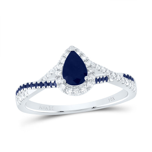14kt White Gold 1/8 Cttw Diamond Ana M and 1/10 Cttw Round Blue Sapphire 6x4mm Pear Blue Sapphire Natural Gem Single Halo Wedding Engagement Anniversary Bridal Ring, Women Size: 5-9
