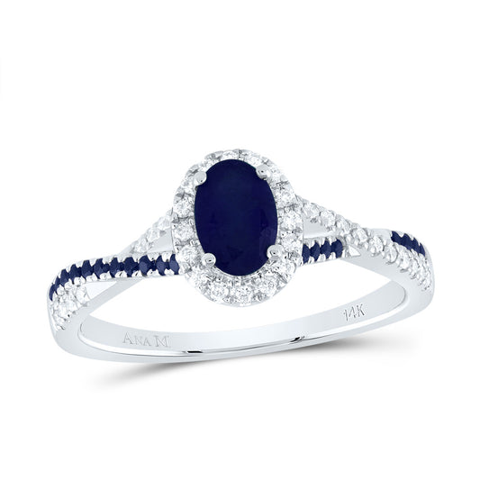 14kt White Gold 1/8 Cttw Diamond Ana M and 1/8 Cttw Round Blue Sapphire 6x4mm Oval Blue Sapphire Natural Gem Single Halo Wedding Engagement Anniversary Bridal Ring, Women Size: 5-9
