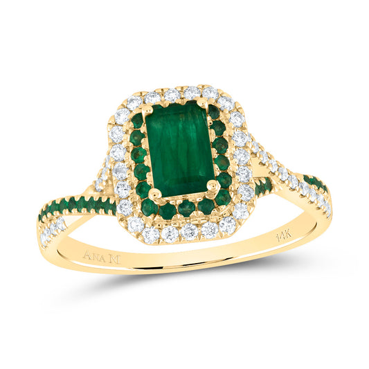 14kt Yellow Gold 1/5 Cttw Diamond Ana M and 1/5 Cttw Round Emerald 6x4mm Emerald Emerald Natural Gem Double Halo Wedding Engagement Anniversary Bridal Ring, Women Size: 5-9