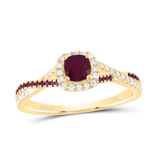 14kt Yellow Gold 1/8 Cttw Diamond Ana M and 1/8 Cttw Round Ruby 4mm Cushion Ruby Natural Gem Single Halo Wedding Engagement Anniversary Bridal Ring, Women Size: 5-9