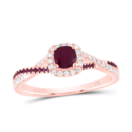 14kt Rose Gold 1/8 Cttw Diamond Ana M and 1/8 Cttw Round Ruby 4mm Cushion Ruby Natural Gem Single Halo Wedding Engagement Anniversary Bridal Ring, Women Size: 5-9
