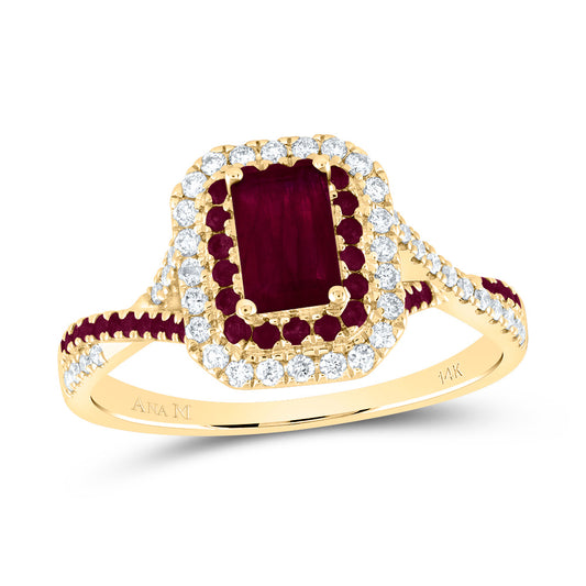 14kt Yellow Gold 1/5 Cttw Diamond Ana M and 1/5 Cttw Round Ruby 6x4mm Emerald Ruby Natural Gem Double Halo Wedding Engagement Anniversary Bridal Ring, Women Size: 5-9