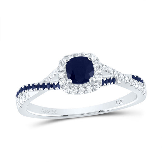 14kt White Gold 1/8 Cttw Diamond Ana M and 1/8 Cttw Round Blue Sapphire 4mm Cushion Blue Sapphire Natural Gem Single Halo Wedding Engagement Anniversary Bridal Ring, Women Size: 5-9