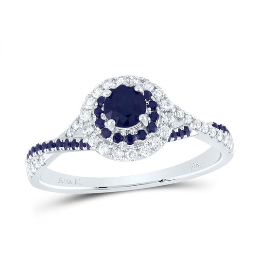 14kt White Gold 1/5 Cttw Diamond Ana M and 1/5 Cttw Round Blue Sapphire 4mm Round Blue Sapphire Natural Gem Double Halo Wedding Engagement Anniversary Bridal Ring, Women Size: 5-9