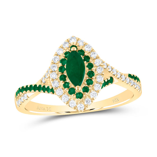 14kt Yellow Gold 1/5 Cttw Diamond Ana M and 1/6 Cttw Round Emerald 6x3mm Mq Emerald Natural Gem Double Halo Wedding Engagement Anniversary Bridal Ring, Women Size: 5-9