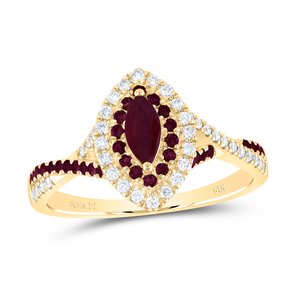14kt Yellow Gold 1/5 Cttw Diamond Ana M and 1/5 Cttw Round Ruby 6x3mm Mq Ruby Natural Gem Double Halo Wedding Engagement Anniversary Bridal Ring, Women Size: 5-9