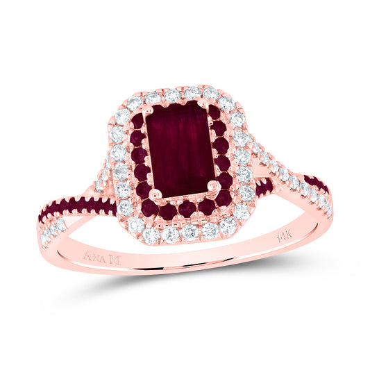 14kt Rose Gold 1/5 Cttw Diamond Ana M and 1/5 Cttw Round Ruby 6x4mm Emerald Ruby Natural Gem Double Halo Wedding Engagement Anniversary Bridal Ring, Women Size: 5-9