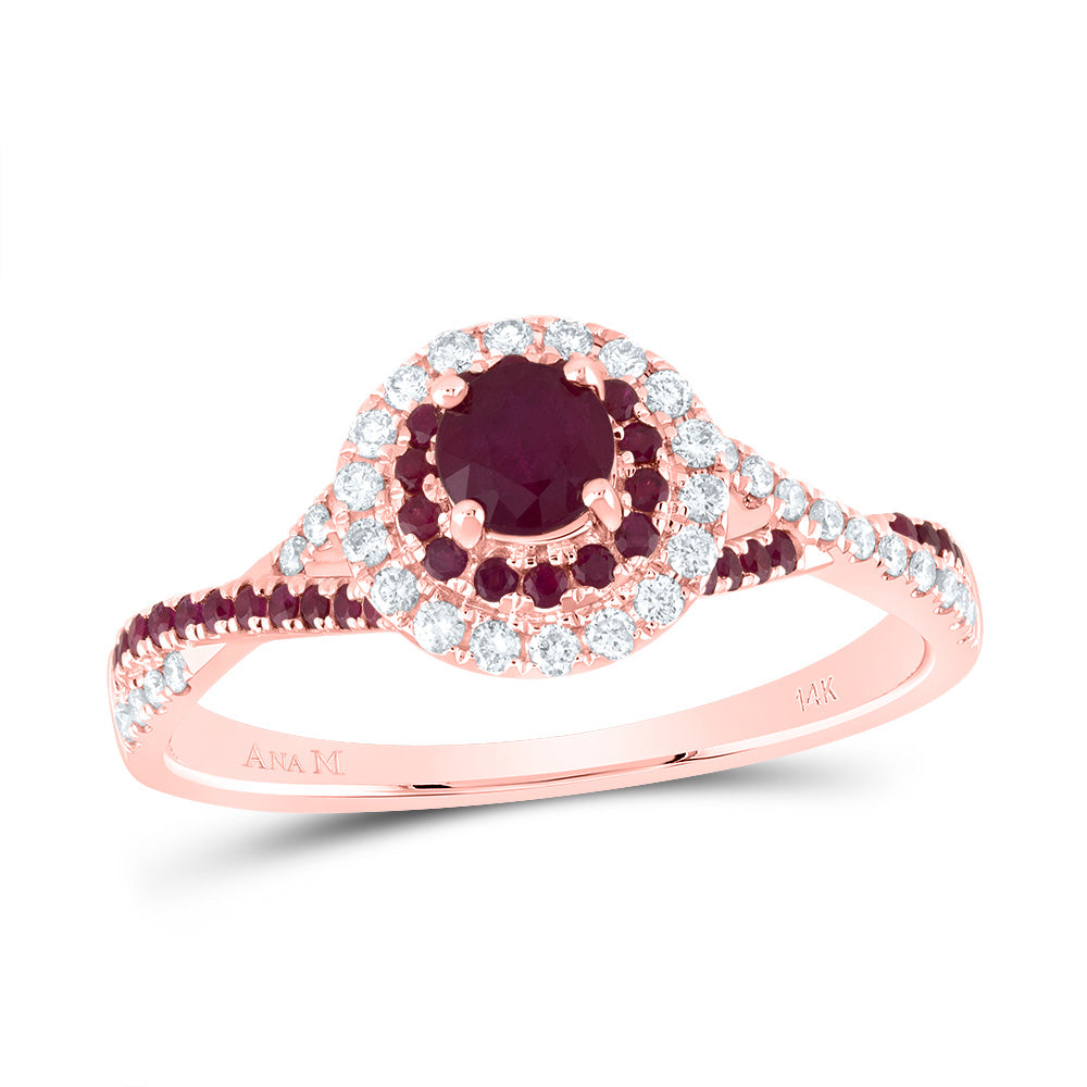 14kt Rose Gold 1/5 Cttw Diamond Ana M and 1/5 Cttw Round Ruby 4mm Round Ruby Natural Gem Double Halo Wedding Engagement Anniversary Bridal Ring, Women Size: 5-9
