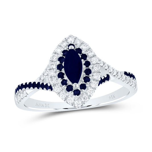 14kt White Gold 1/5 Cttw Diamond Ana M and 1/5 Cttw Round Blue Sapphire 6x3mm Mq Blue Sapphire Natural Gem Double Halo Wedding Engagement Anniversary Bridal Ring, Women Size: 5-9