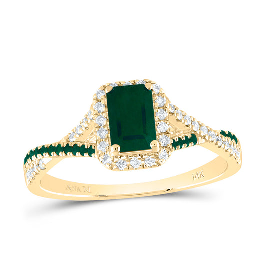 14kt Yellow Gold 1/6 Cttw Diamond Ana M and 1/10 Cttw Round Emerald 6x4mm Emerald Emerald Natural Gem Single Halo Wedding Engagement Anniversary Bridal Ring, Women Size: 5-9
