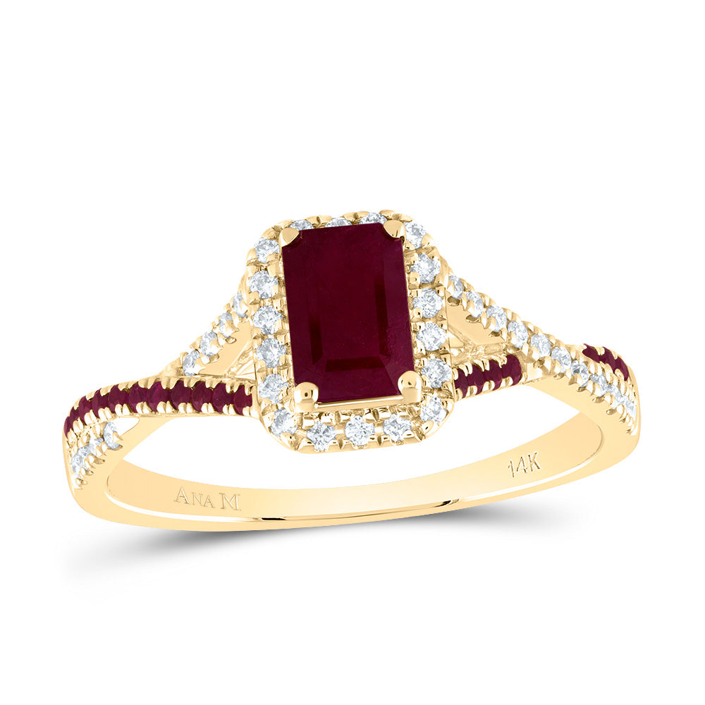 14kt Yellow Gold 1/6 Cttw Diamond Ana M and 1/10 Cttw Round Ruby 6x4mm Emerald Ruby Natural Gem Single Halo Wedding Engagement Anniversary Bridal Ring, Women Size: 5-9