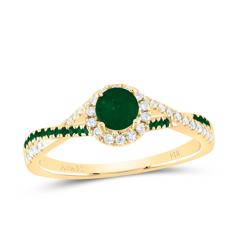 14kt Yellow Gold 1/8 Cttw Diamond Ana M and 1/10 Cttw Round Emerald 4mm Round Emerald Natural Gem Single Halo Wedding Engagement Anniversary Bridal Ring, Women Size: 5-9