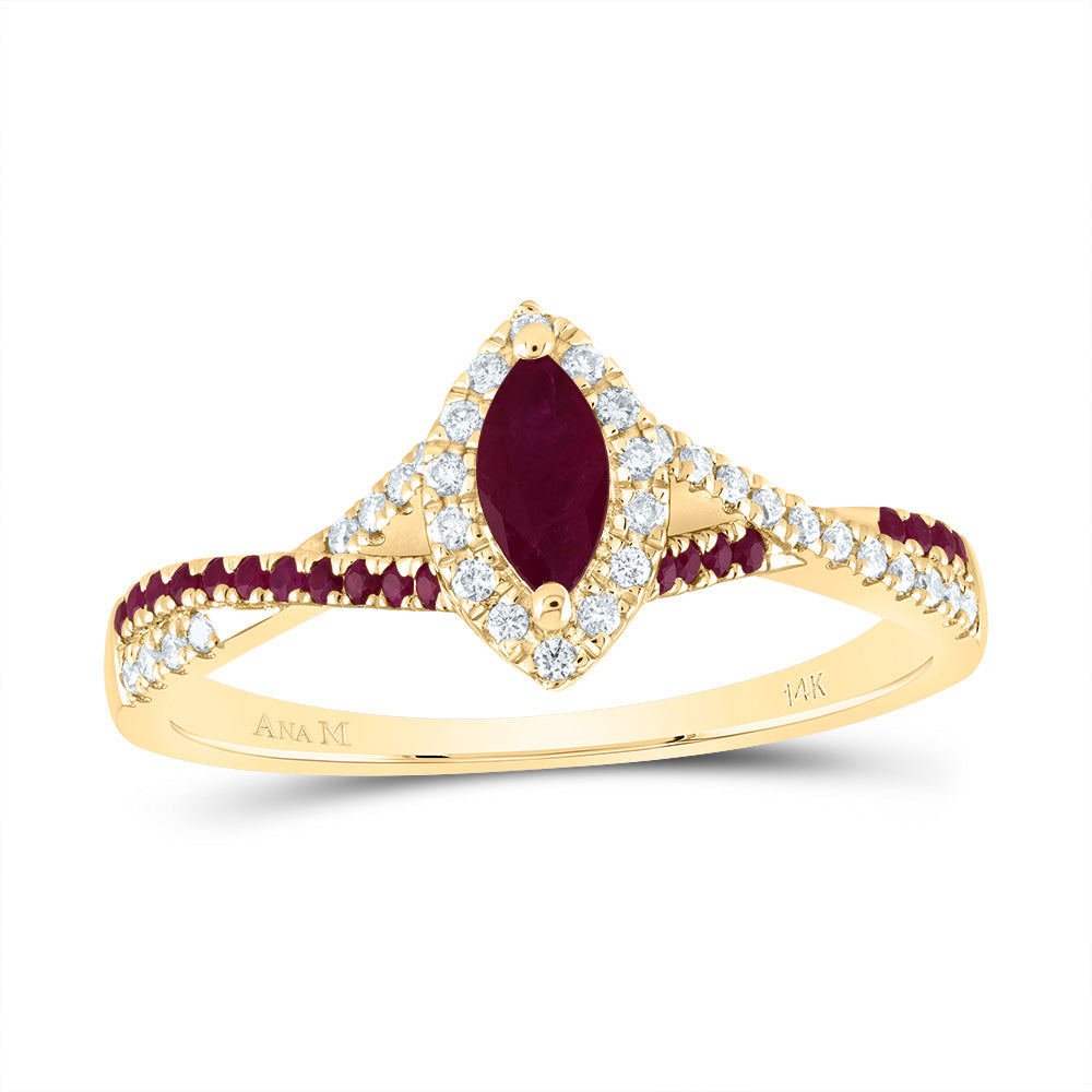 14kt Yellow Gold 1/8 Cttw Diamond Ana M and 1/10 Cttw Round Ruby 6x3mm Mq Ruby Natural Gem Single Halo Wedding Engagement Anniversary Bridal Ring, Women Size: 5-9