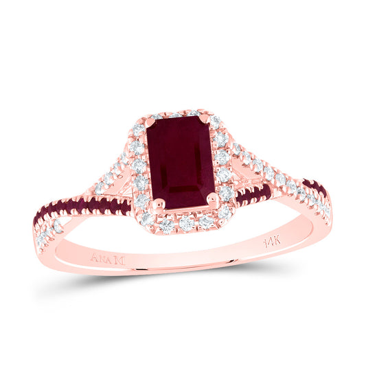14kt Rose Gold 1/6 Cttw Diamond Ana M and 1/10 Cttw Round Ruby 6x4mm Emerald Ruby Natural Gem Single Halo Wedding Engagement Anniversary Bridal Ring, Women Size: 5-9