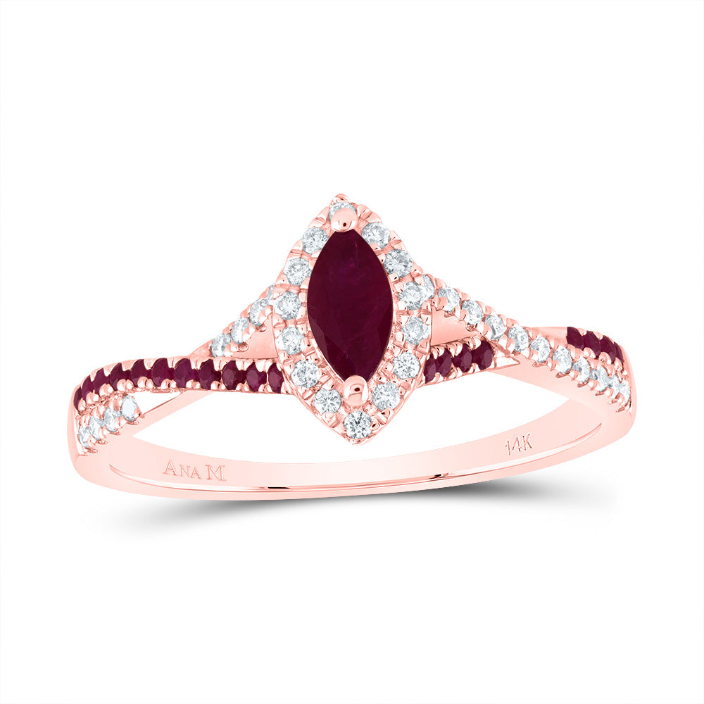 14kt Rose Gold 1/8 Cttw Diamond Ana M and 1/10 Cttw Round Ruby 6x3mm Mq Ruby Natural Gem Single Halo Wedding Engagement Anniversary Bridal Ring, Women Size: 5-9