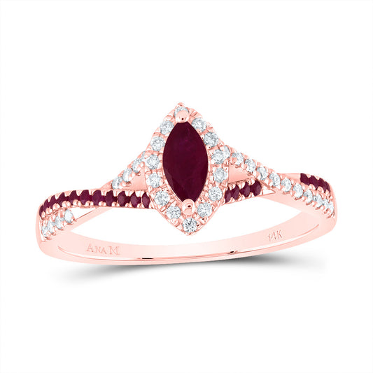14kt Rose Gold 1/8 Cttw Diamond Ana M and 1/10 Cttw Round Ruby 6x3mm Mq Ruby Natural Gem Single Halo Wedding Engagement Anniversary Bridal Ring, Women Size: 5-9