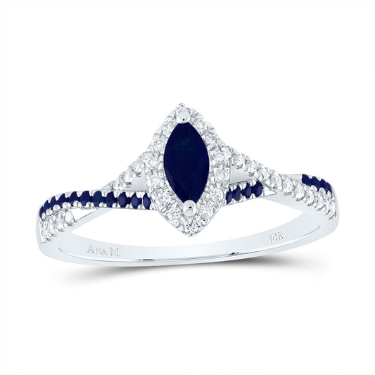 14kt White Gold 1/8 Cttw Diamond Ana M and 1/8 Cttw Round Blue Sapphire 6x3mm Mq Blue Sapphire Natural Gem Single Halo Wedding Engagement Anniversary Bridal Ring, Women Size: 5-9