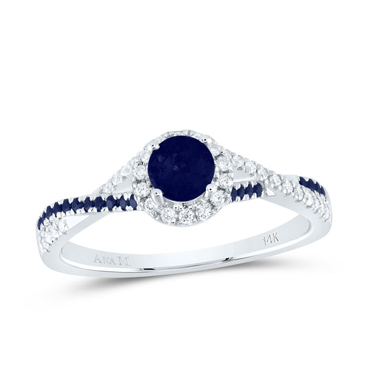 14kt White Gold 1/8 Cttw Diamond Ana M and 1/10 Cttw Round Blue Sapphire 4mm Round Blue Sapphire Natural Gem Single Halo Wedding Engagement Anniversary Bridal Ring, Women Size: 5-9