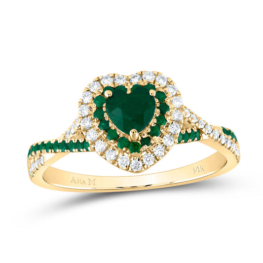 14kt Yellow Gold 1/5 Cttw Diamond Ana M and 1/5 Cttw Round Emerald 4.5mm Ht Emerald Natural Gem Double Halo Wedding Engagement Anniversary Bridal Ring, Women Size: 5-9