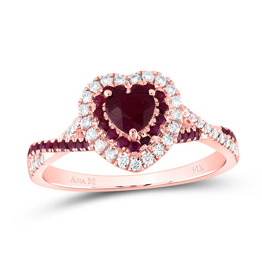 14kt Rose Gold 1/5 Cttw Diamond Ana M and 1/4 Cttw Round Ruby 4.5mm Ht Ruby Natural Gem Double Halo Wedding Engagement Anniversary Bridal Ring, Women Size: 5-9