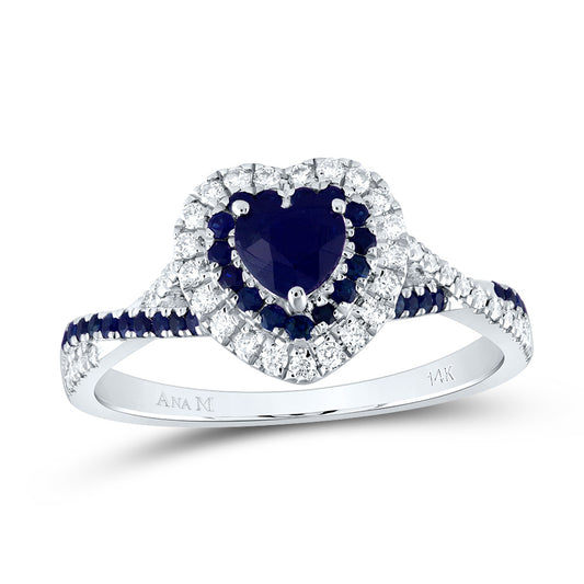 14kt White Gold 1/5 Cttw Diamond Ana M and 1/5 Cttw Round Blue Sapphire 4.5mm Ht Blue Sapphire Natural Gem Double Halo Wedding Engagement Anniversary Bridal Ring, Women Size: 5-9