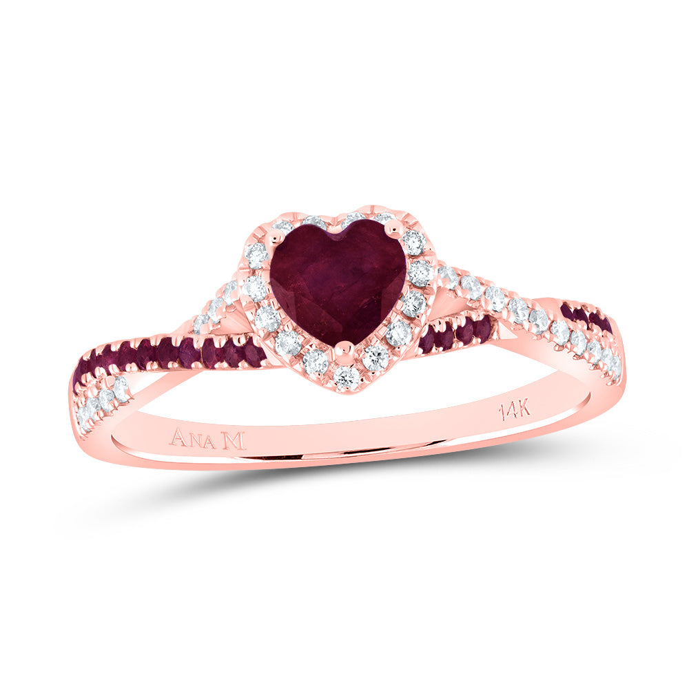 14kt Rose Gold 1/8 Cttw Diamond Ana M and 1/8 Cttw Round Ruby 4.5mm Ht Ruby Natural Gem Single Halo Wedding Engagement Anniversary Bridal Ring, Women Size: 5-9