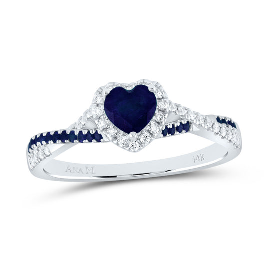 14kt White Gold 1/8 Cttw Diamond Ana M and 1/8 Cttw Round Blue Sapphire 4.5mm Ht Blue Sapphire Natural Gem Single Halo Wedding Engagement Anniversary Bridal Ring, Women Size: 5-9