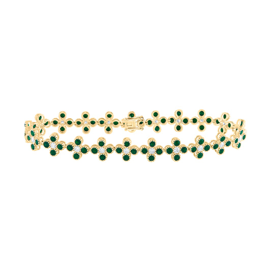 14kt Yellow Gold 7/8 Cttw Diamond Ana M 3 1/2 Cttw Round Emerald Natural Gem Clover Bracelet, Length: 7 Inch